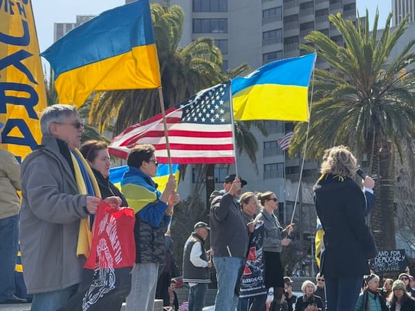 People at a rally, holding Ukraine and US flags and Georgia solidarity flag.