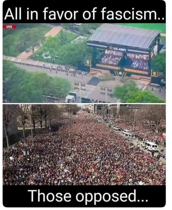 Two photos juxtaposing low turnout military parade and high turnout protest.