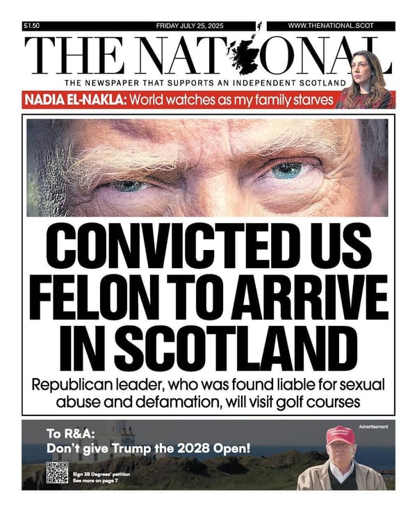Newspaper headline from Scottish newspaper: Convicted US Felon to Arrive in Scotland.